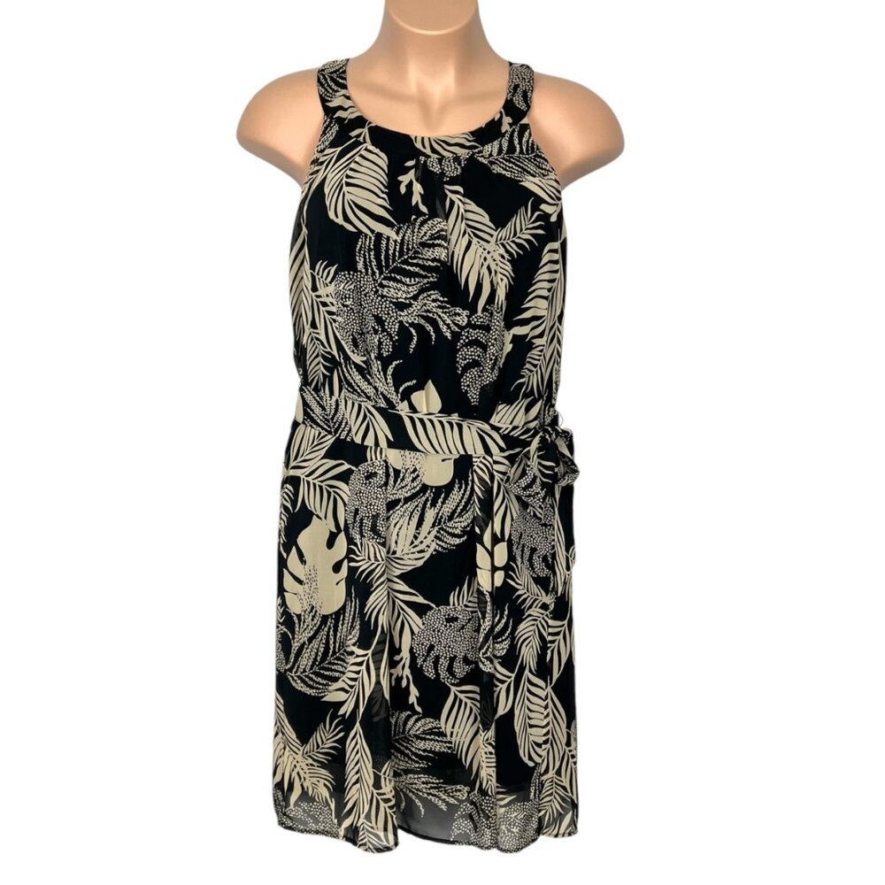 More & More Womens Palm Print Sleeveless Chiffon Dress Black Tan size 16